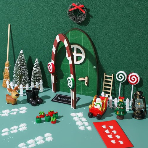 Gerrii Miniature Green Christmas Elf Fairy Doors - 25 Pcs Enchanted Decor Kit for Dollhouses & Rooms