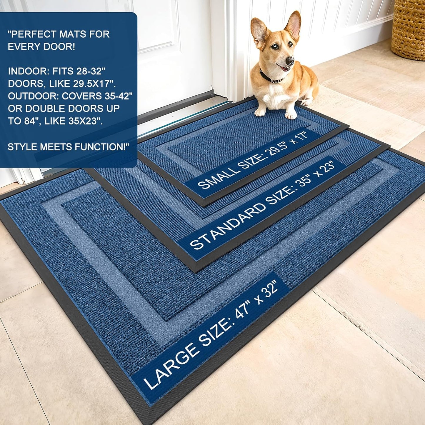 OLANLY Indoor Outdoor Front Door Mat - Waterproof All-Season Doormat, Easy Clean, 29.5x17, Light Blue
