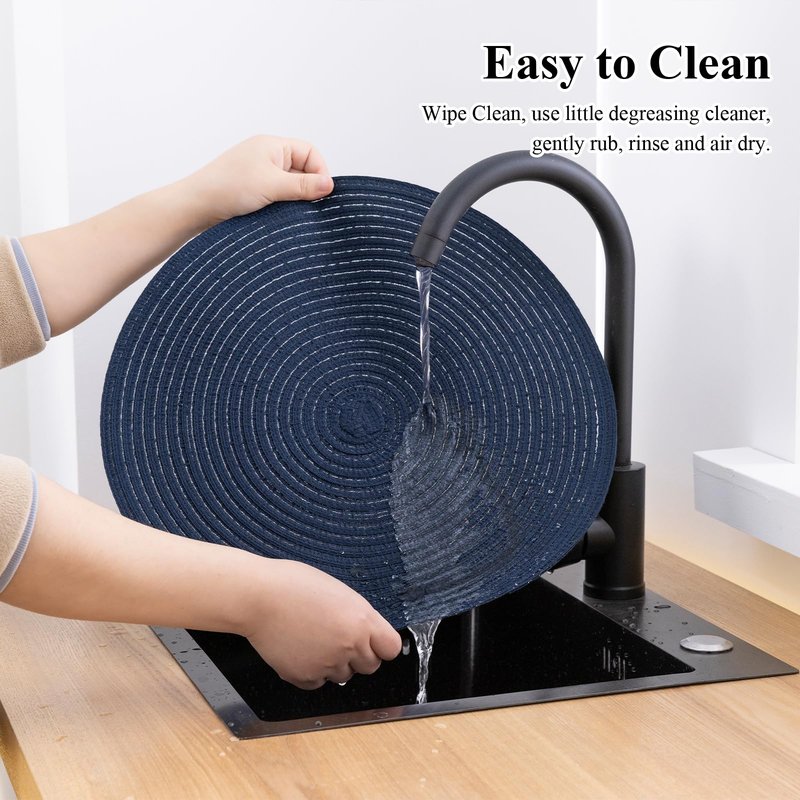 SHACOS Round Placemats Set of 4 Washable 15 inch Round Table Mats Cotton Polyester Woven Braided Place Mats for Dining Table, Navy