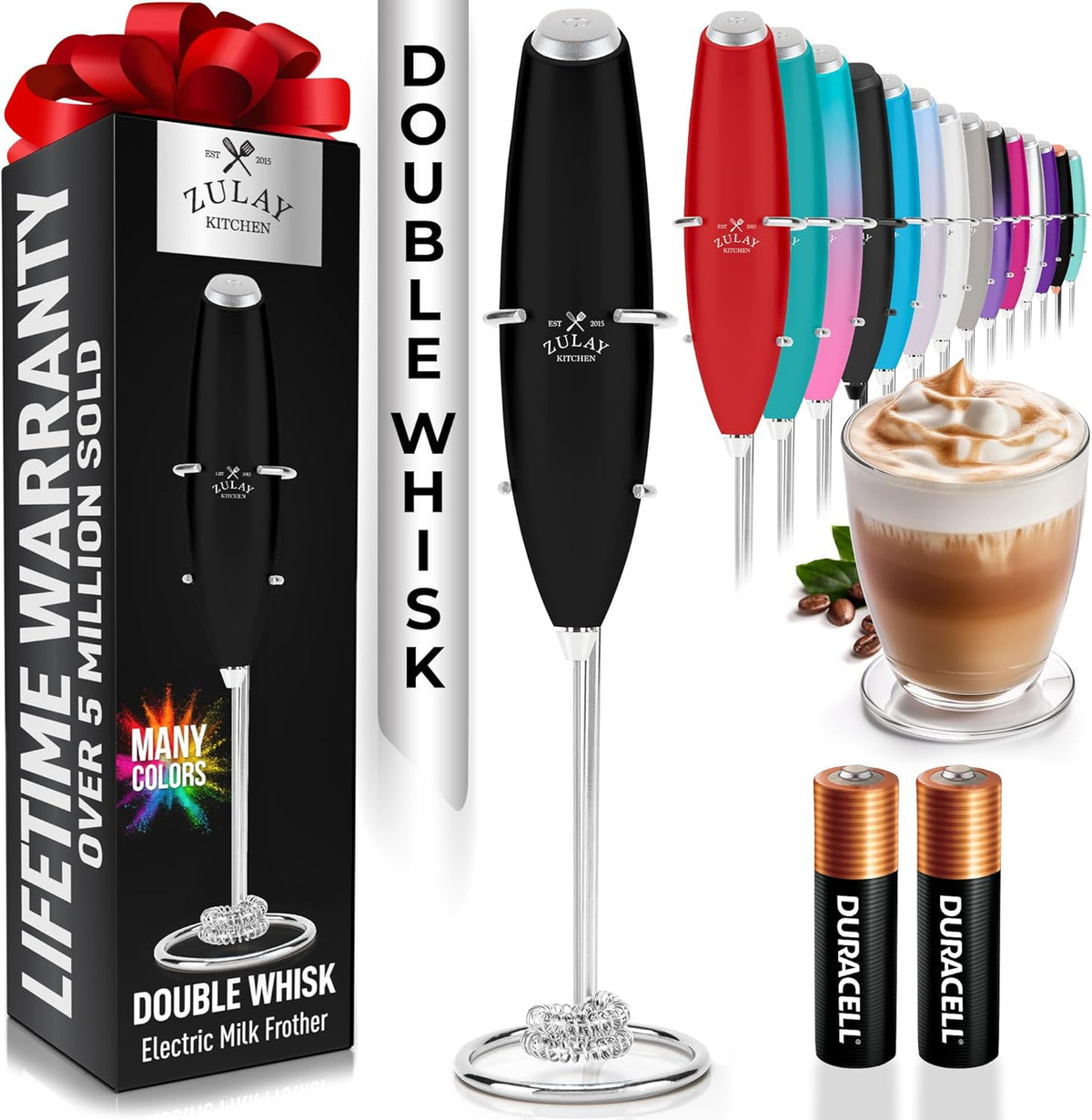 Zulay Kitchen Double Whisk Milk Frother - Powerful Handheld Foam Maker for Coffee, Lattes & More | Includes 2 Duracell Batteries