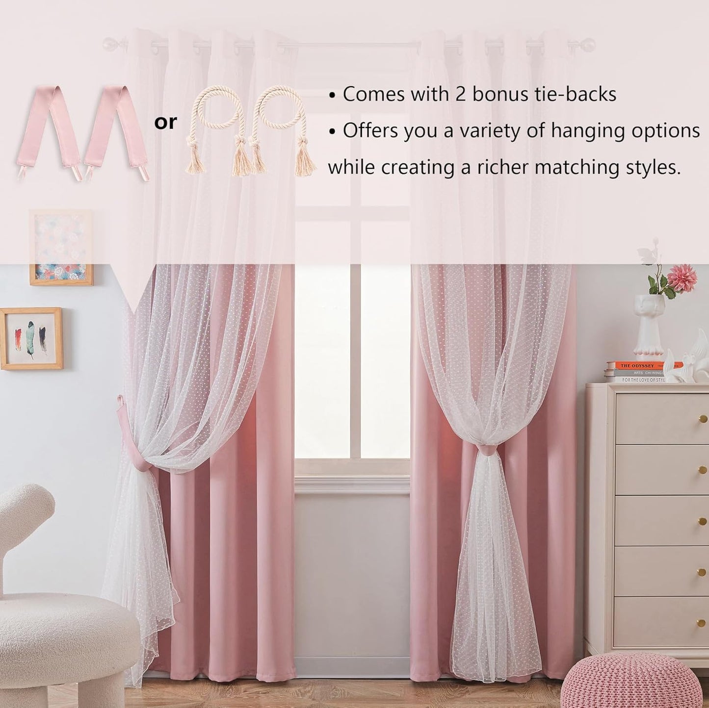 MYSKY HOME Pink Blackout Curtains - Double Layer Drapes with Polka Dots | 52x84 Inch, 2 Panels for Girls' Bedroom