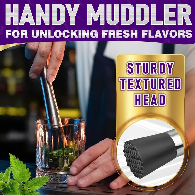 3 Pcs Muddler for Cocktails Set - Bar Muddler Tool with Sturdy Head, Versatile Cocktail Spoon & Jigger, Easy to Use & Clean, Stylish Rust-Resistant Stirring Tool - Bar Tools for Drinks Mixing