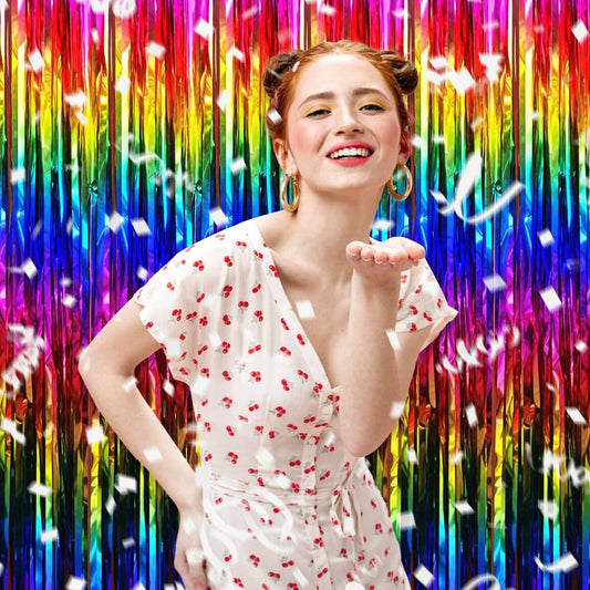 3 Pack Rainbow Foil Fringe Curtain Backdrop, 3.28Ft x 8.2Ft Metallic Tinsel Foil Fringe Streamer Curtains for Photo Booth, Christmas Day, Thanksgiving, Wedding, New Year Party Decorations