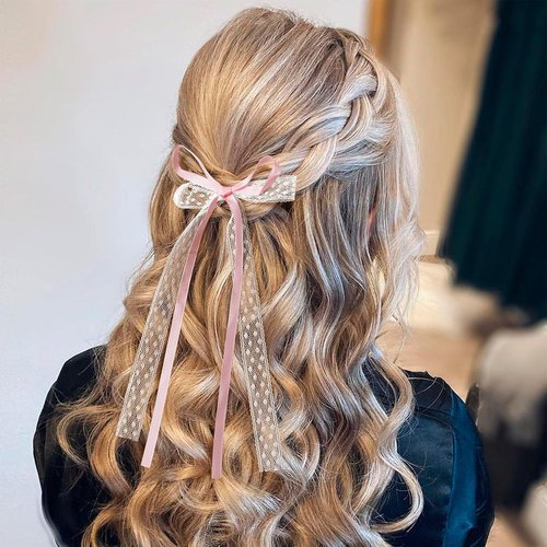 HINZIC Hair Clips - 4pcs Coquette Lace Bows in Pink & White | Cute Bowknot Ribbon Barrettes for Women & Teens
