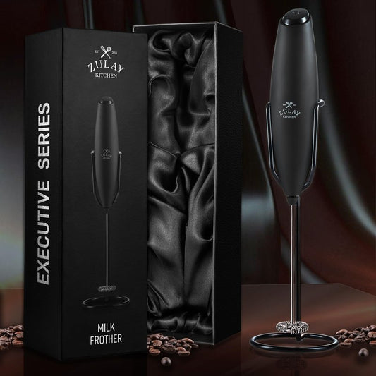 Zulay Kitchen Executive Series Milk Frother Wand - Upgraded & Improved Stand - Ideal Coffee Gift - Coffee Frother Handheld Foam Maker For Lattes - Electric Milk Frother Handheld For Cappuccino