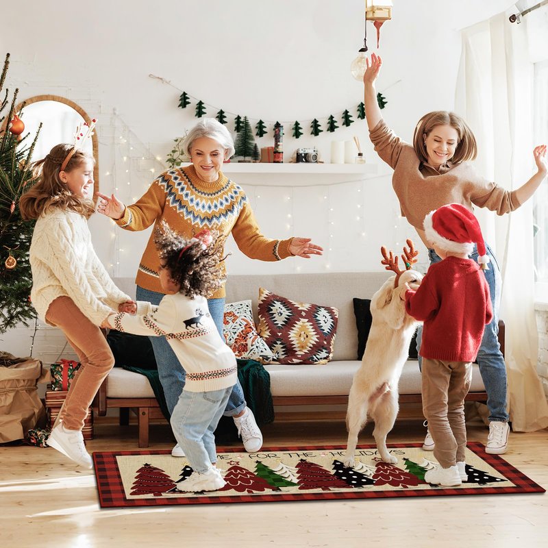StepRite Kitchen Mats for Floor, 2 PCS Christmas Kitchen Rugs, Non-Slip Bottom with Christmas Tree Print, Low-Profile Mat for Home, Office, Sink, Kitchen,Hallway,Holiday Decor(17”x30”+17”x47”-Red)