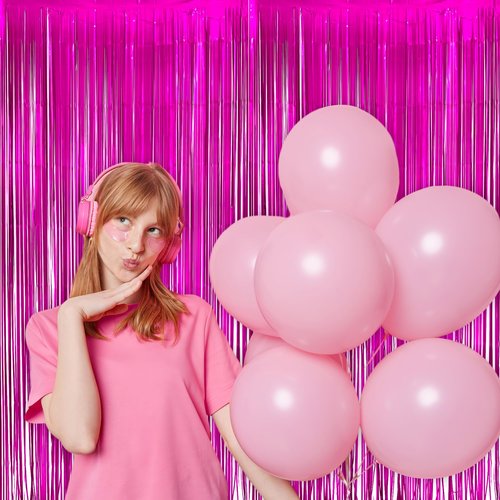 Hot Pink Party Streamers Backdrop - GREATRIL Shiny Fuchsia Tinsel Foil Fringe Curtain for Birthday/Flamingo/Fancy/Galentine/Breast Cancer Awareness Decorations - 3.2ft X 8.2ft - 2 Packs