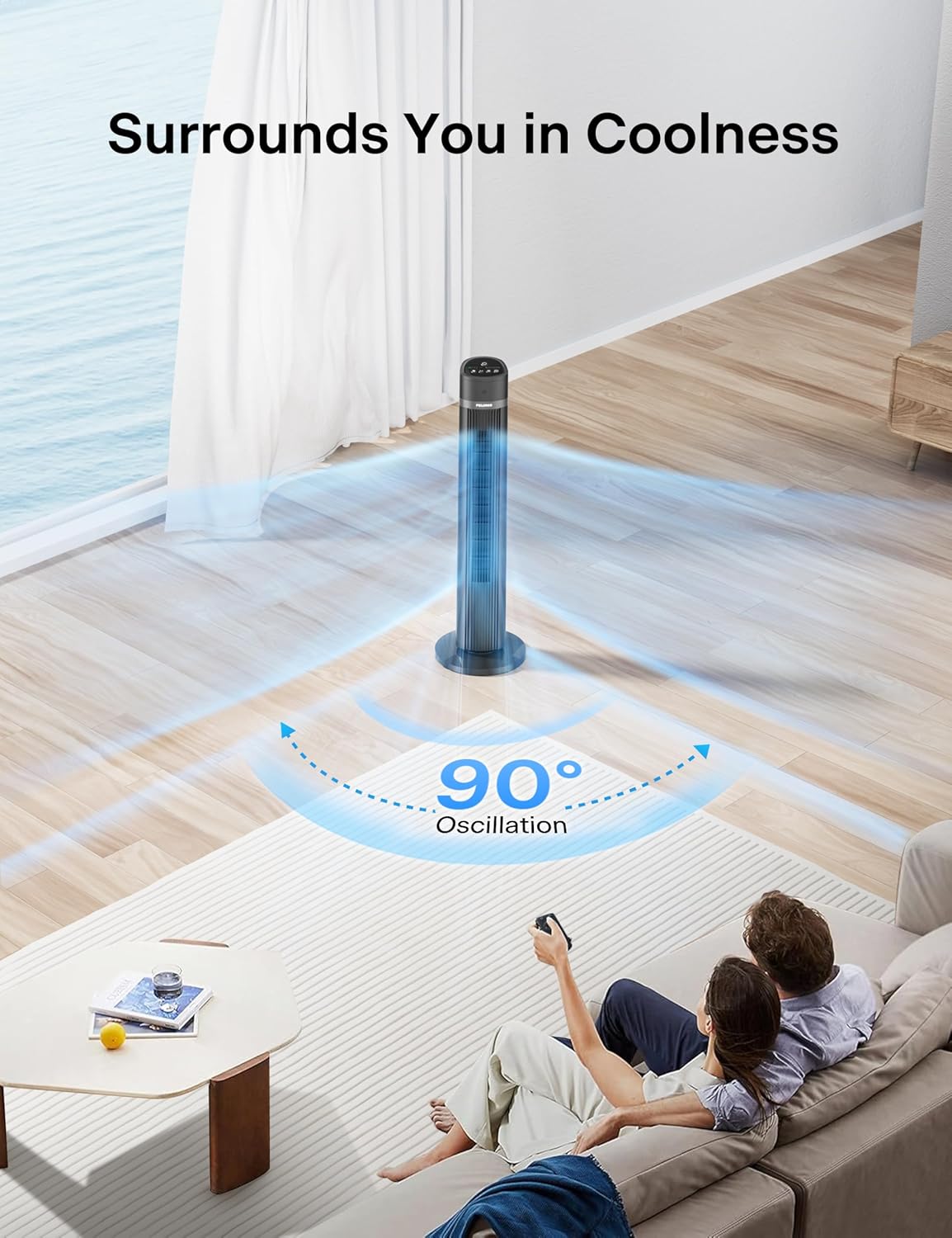 PELONIS Bladeless Tower Fan - 40 Inch Standing Fan with Remote, 90° Oscillation, 3 Speed Modes, Grey