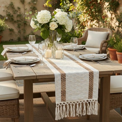 FEXIA Boho Table Runner for Hoilday Home Decor with Tassels 72 Inches Long Farmhouse Rustic Macrame Burlap Pottery barn Furniture Table Decoration for Living Room Kitchen (12x72 Inches)