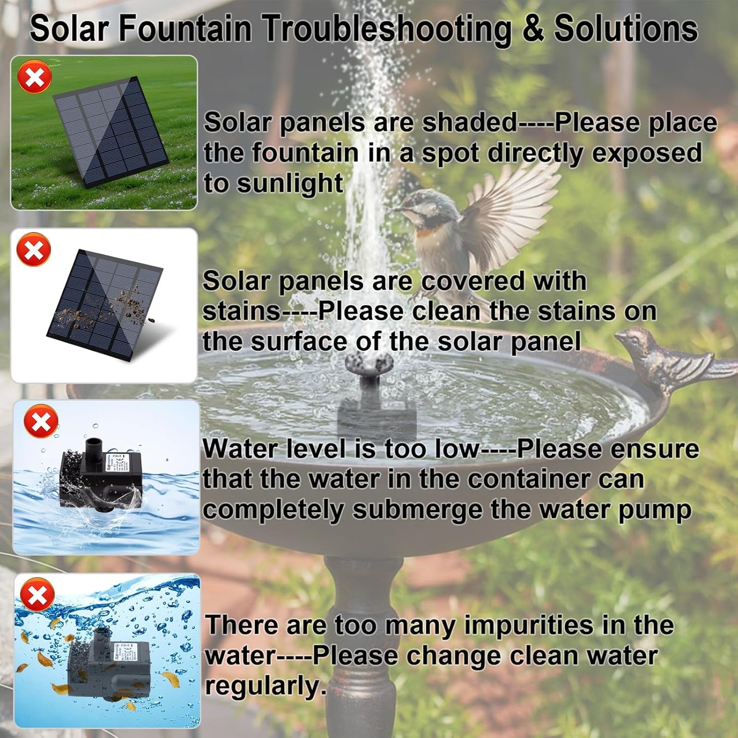 Skiennix Solar Fountain Pump Kit - 1.8W Upgraded Water Pump with 3M Cable & 4 Nozzles for Bird Bath & Garden