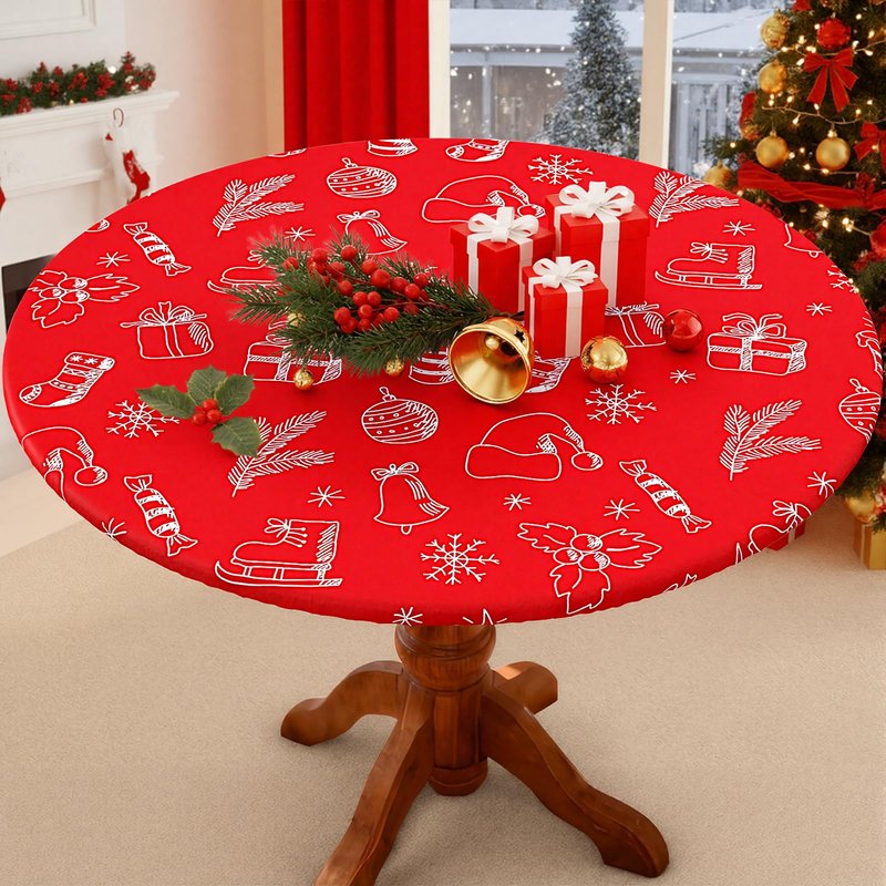 Smiry Round Spandex Tablecloth, Elastic Fitted Washable Tablecloths for 36"-44" Tables, Waterpoof Stretch Picnic Table Cover for Dining, Indoor and Outdoor, Holly Berry & Gift