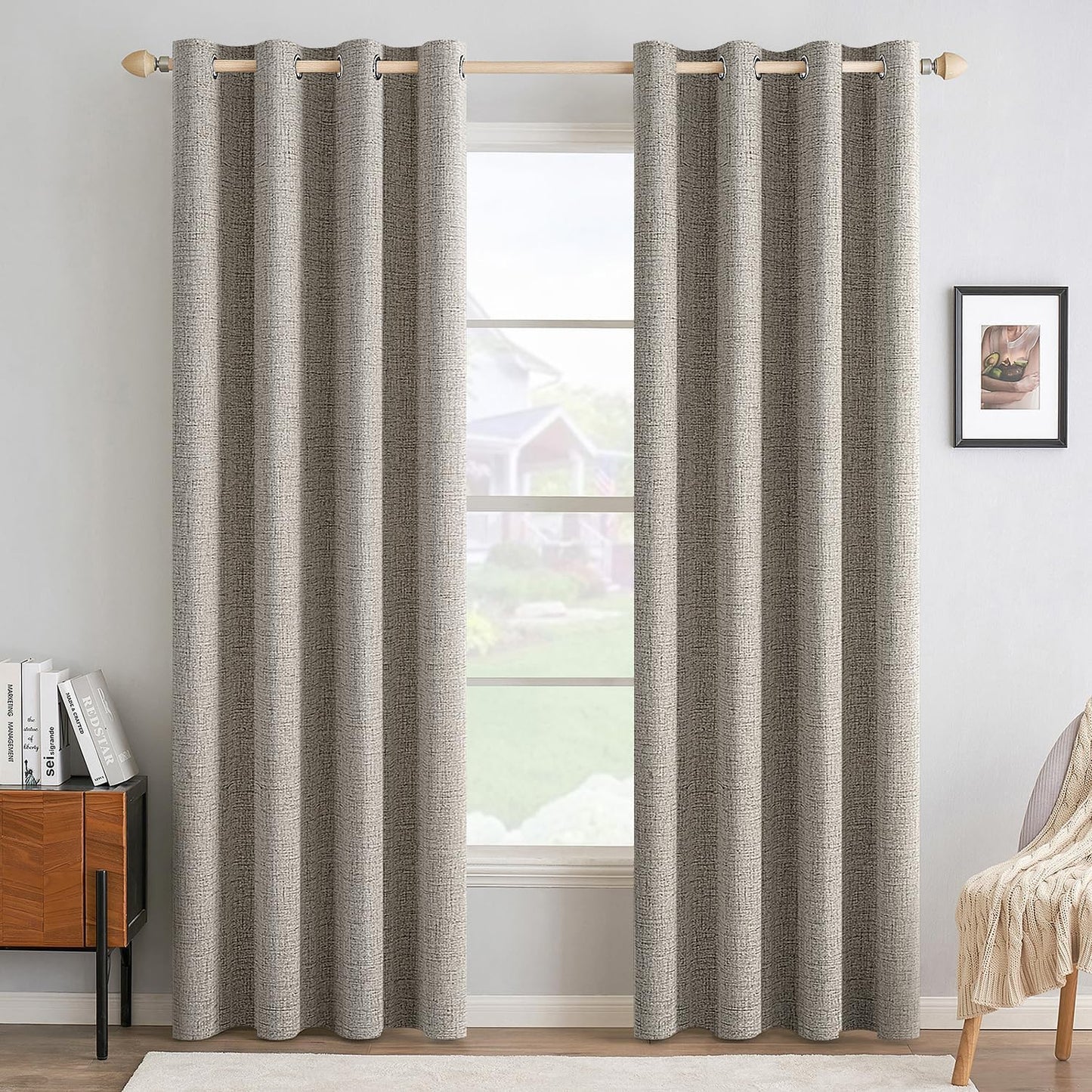 MIULEE Linen Curtains - 100% Blackout Thermal Insulated Drapes | Greige Room Darkening 52x108 Inch (2 Panels)