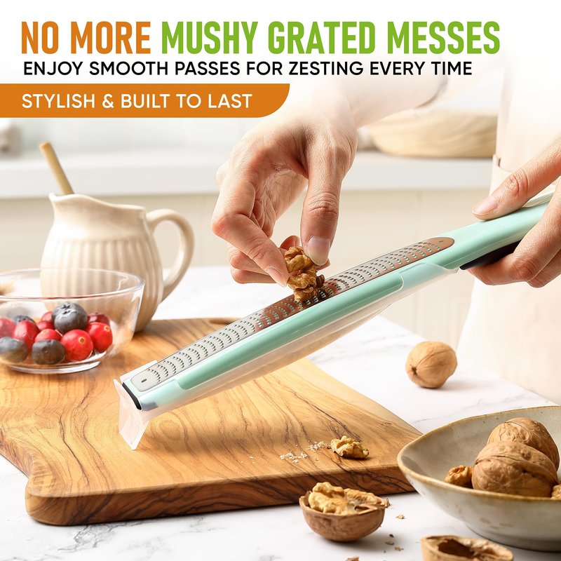 Spring Chef Premium Lemon Zester Grater with Handle - Fruit, Garlic, Lime, Orange, Nutmeg, Garlic Grater - Heavy Duty Kitchen Tool - Stainless Steel Citrus Zester with Blade Cover - Fine Shred, Mint