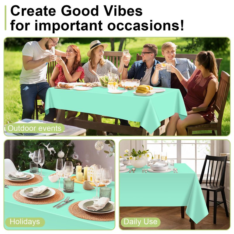 QIKSION Fresh Mint Plastic Table Cloth Disposable 2 Pack, 54 x 108 Inch Tablecloths for Party, Birthday, Rectangle Table Cover
