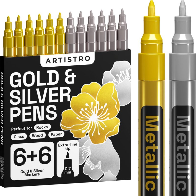 ARTISTRO 12 Oil-based Gold & Silver Paint Pens- 0.7mm Extra-Fine Markers for Tire, Wood, Rock, Fabric, Glass, Ceramic, Metal, Plastic, and More - Quick Dry, Waterproof