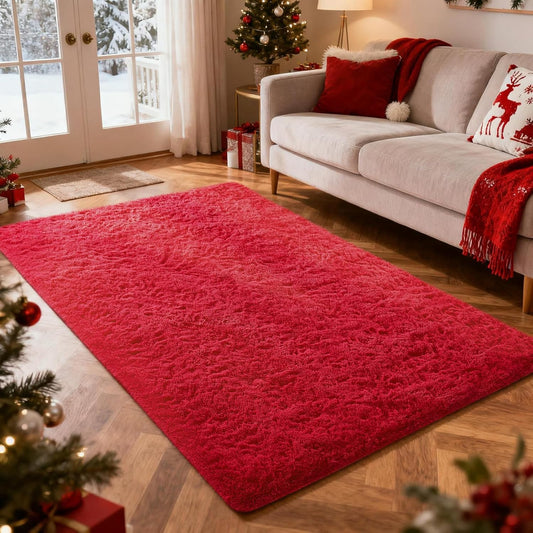Ophanie Red Area Rug - Plush Soft Shaggy Carpet for Bedroom & Living Room | 4x6 Size, Perfect for Kids & Nursery Decor
