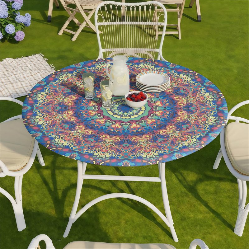 opstellen Round Tablecloth Waterproof Boho Fitted Vinyl Table Cloth Summer Fall Outdoor Circle Cover for 36-44" Tables Kitchen Dining Apartment Essentials Camping Picnic Party Decor Housewarming Gifts
