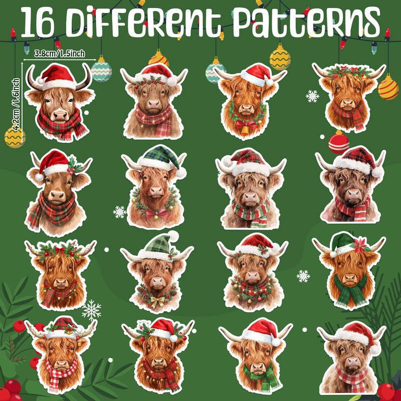 BkeeCten Christmas Highland Cow Sticker - 600 Pcs Christmas Highland Cow Waterproof Vinyl Reusable Laptop Sticker Coloring Book Scrapbook Water Bottle Page Activity Pad Party Favor Skateboard Giftwrap