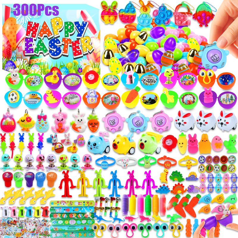 Wuridiwa 300 Pcs Easter Egg Fillers with Surprise Eggs, Easter Basket Stuffers,Filled Easter Party Favors for Kids,Carnival Treasure Prizes Classroom Events Hunt,Stocking Stuffers Birthday Gifts