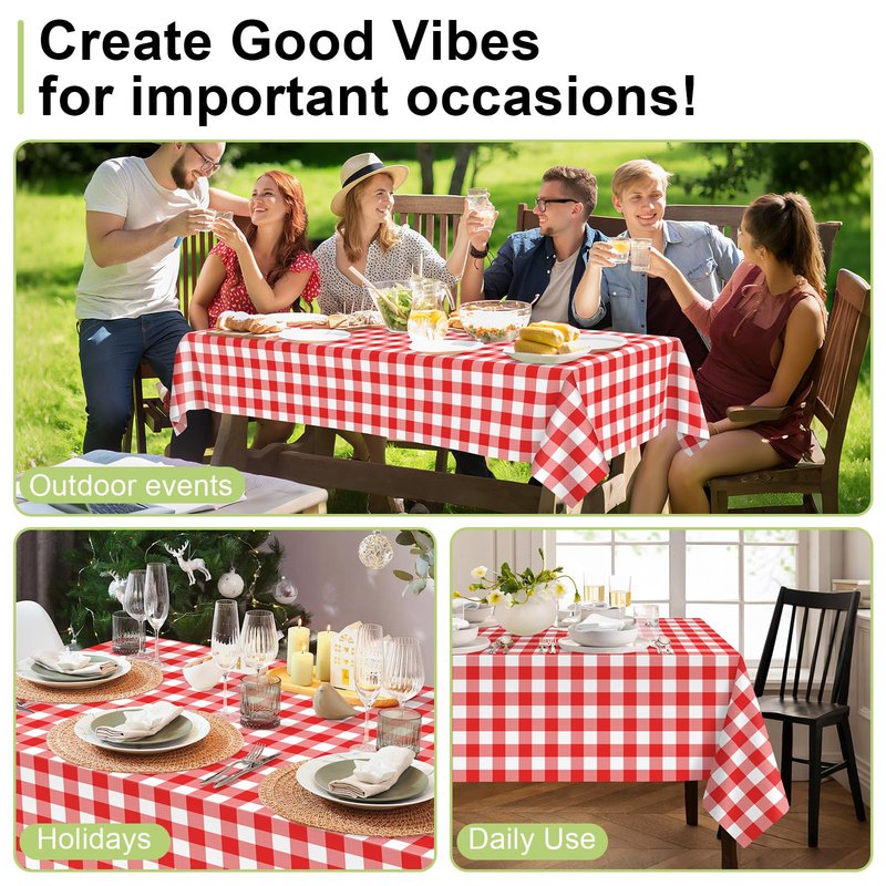 QIKSION Red Gingham Tablecloth Disposable 3 Pack, 54 x 108 Inch Red and White Checkered Table Cloth for Picnic, Outdoor BBQ Decorations, Birthday Party Supplies, Rectangle, Plastic Table Cover