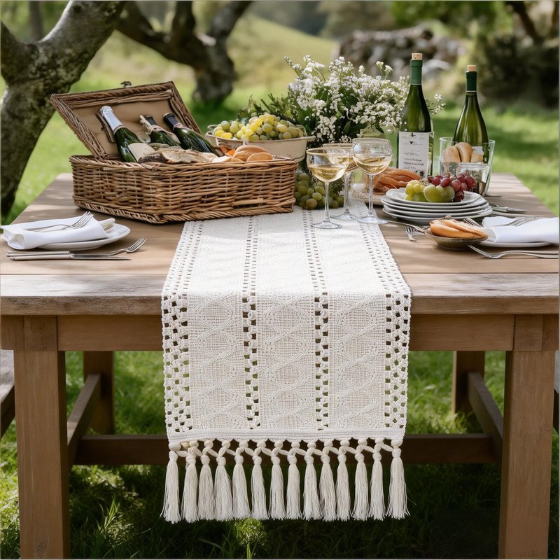 Socomi Boho Table Runner Macrame Summer Farmhouse Woven Cotton Linen Rustic Coffee Table Runner with Tassels for Dresser Scarf Home Decor Dining Room 12x90 inch Cream Ivory
