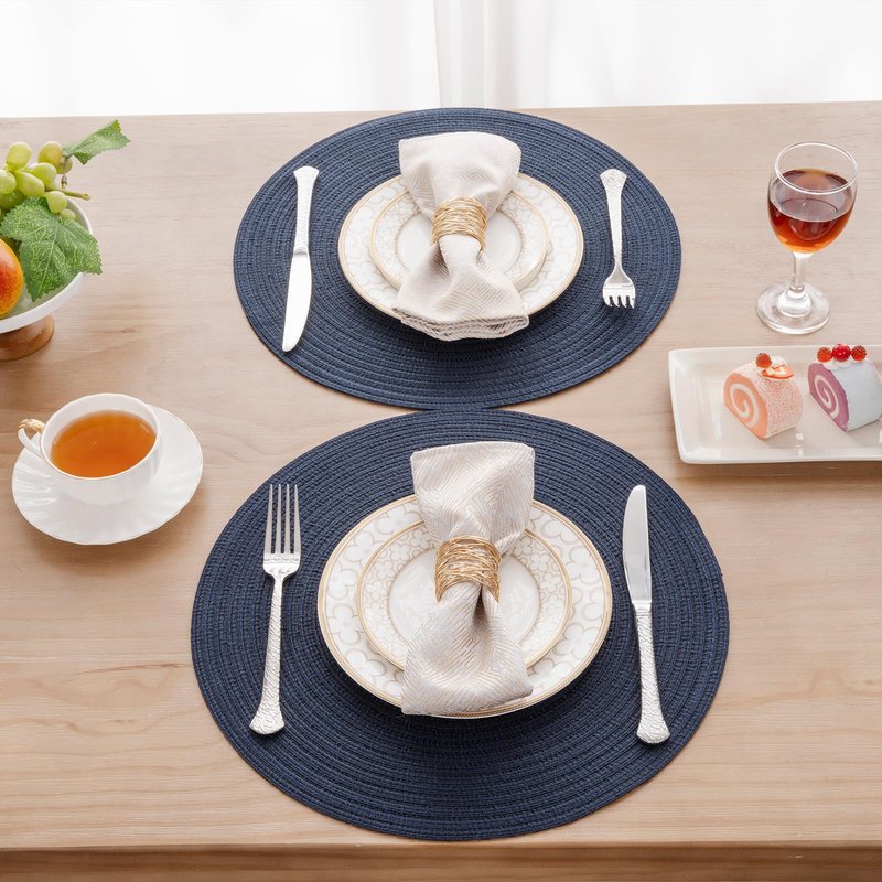 SHACOS Round Placemats Set of 4 Washable 15 inch Round Table Mats Cotton Polyester Woven Braided Place Mats for Dining Table, Navy