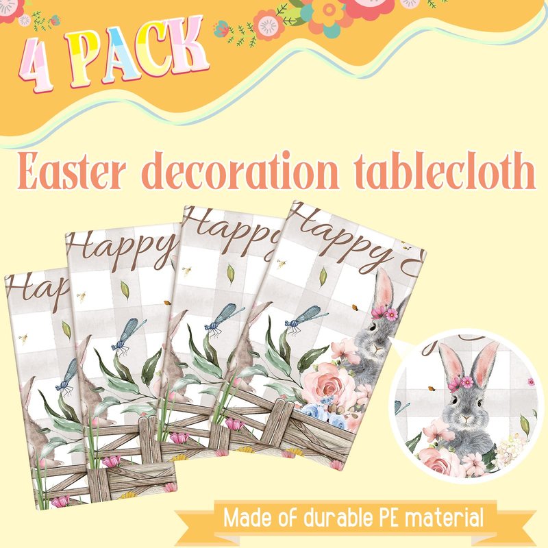 Patelai 4 Pcs 54 x 108 Inch Happy Easter Bunny Table Cloth Rectangle Plastic Easter Flowers Table Cover Spring Tablecloth Party Decorations for Home Picnic Dinner