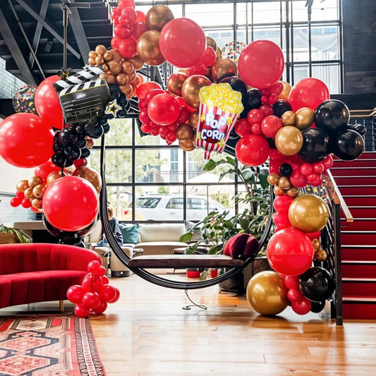 Movie Night Party Balloons, Red Black Gold Confetti Balloons with Film Clapboard and Pop Corn Foil Balloon for Boy Girl Movie Theme Party Decorations Graduation Baby Shower Birthday