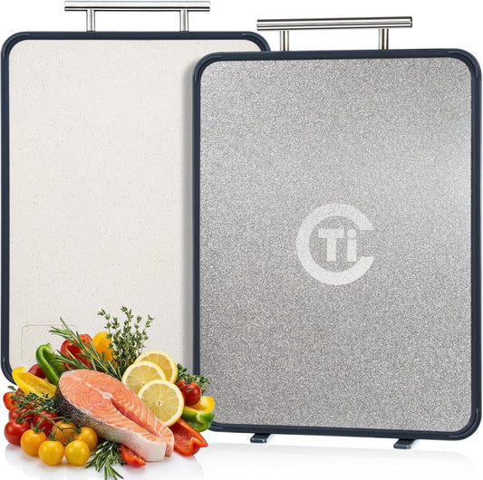 Titanium Cutting Board - Double-Sided Food-Grade Board with Stand | Textured Titanium for Meat, PP for Veggies (14.5”×11”)
