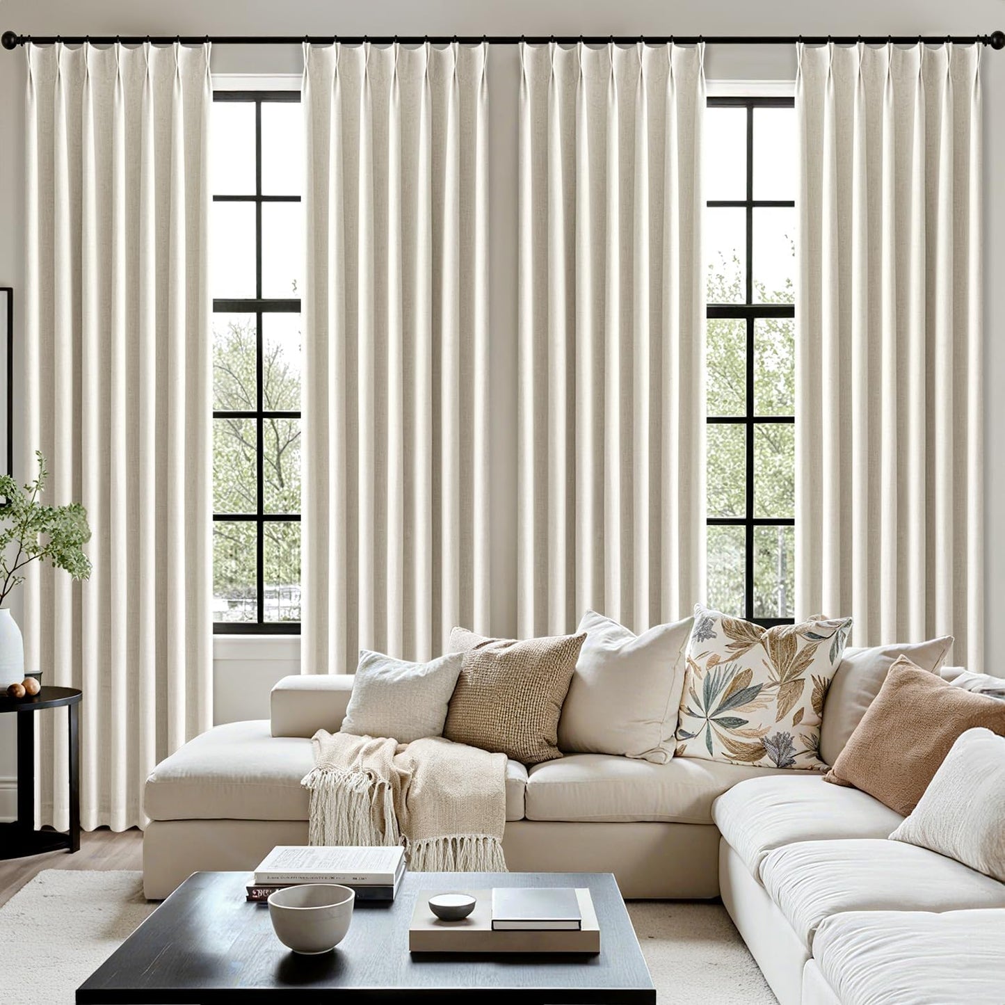 MIULEE 100% Blackout Linen Curtains - Natural Pinch Pleated Design | 84-Inch Long, Room Darkening Drapes (2 Panels)