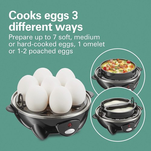 Hamilton Beach 3-in-1 Electric Egg Cooker - Hard Boiled, Poached & Omelet Maker, Black, Holds 7 Eggs