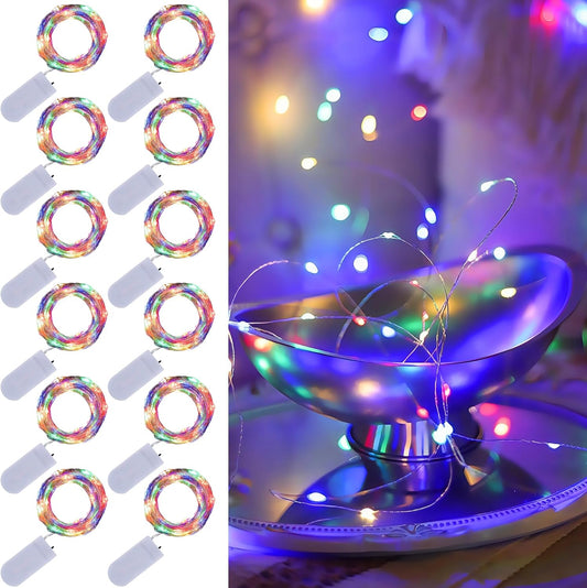 WATERGLIDE 12 Pack Colorful Fairy Lights - Battery Operated 20 LED Mini String Lights | Waterproof Silver Wire for DIY Decor