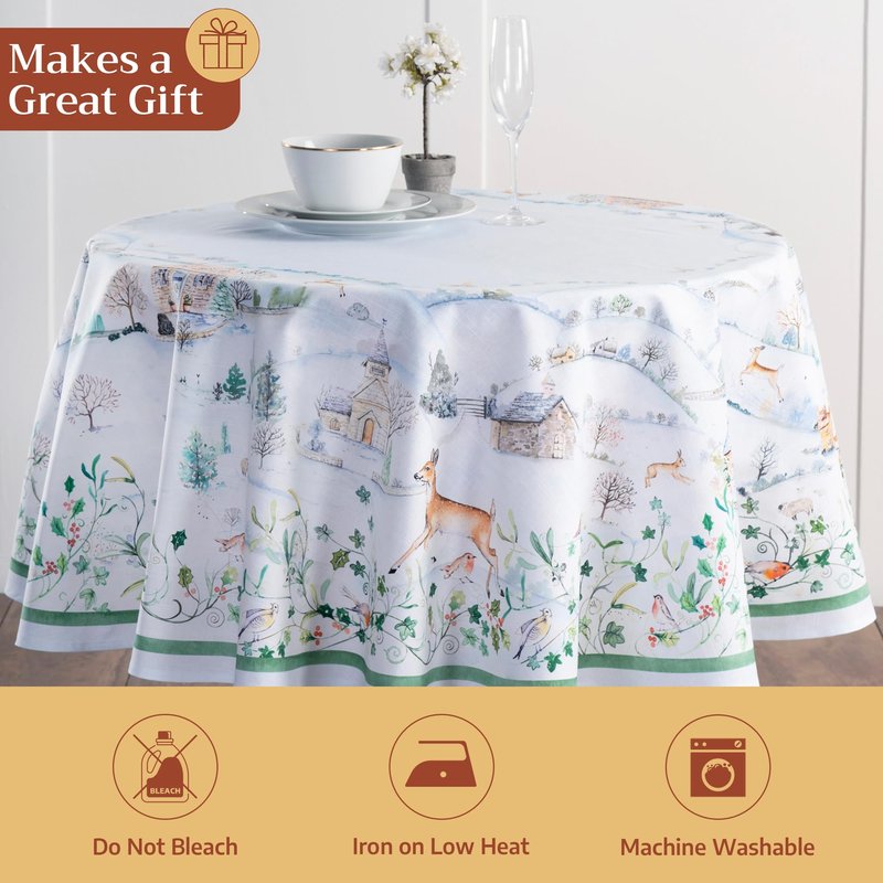 Maison d' Hermine Table Cloth Round Table 100% Cotton 69 Inches Fall Tablecloth Reusable Everyday Use for Thanksgiving Christmas Decorations Dining Farmhouse Party (Snowy World)
