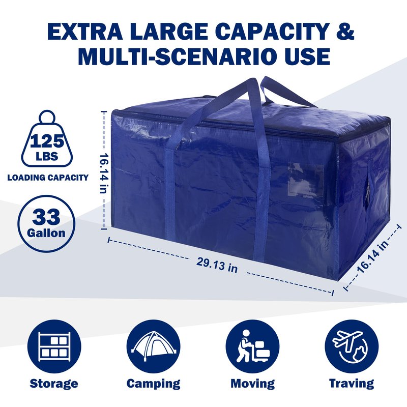 8 Pack Extra Heavy Duty Large Moving Bags with Strong Zipper & Carrying Handles, Sturdy Clothes Storage Bag Totes Bins, Packing Bags Moving Boxes College Moving Supplies, Dark Blue - 33 gal