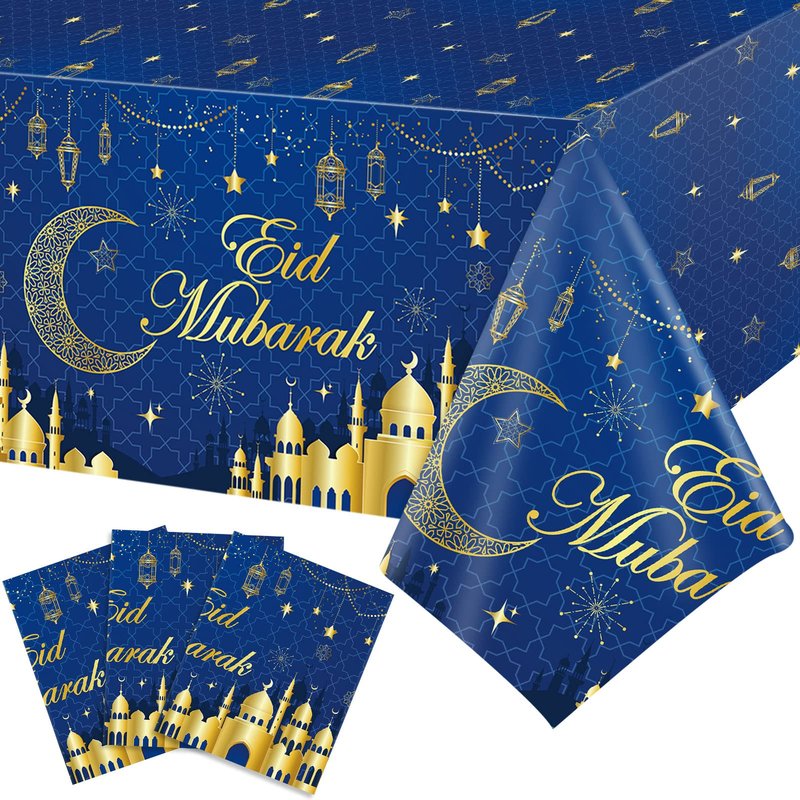 3 Pcs Eid Mubarak Tablecloth 54" x 108" Plastic Ramadan Table Cloth Disposable Rectangle Ramadan Kareem Table Covers Muslim Islamic Moon Star Party Tablecloth for Eid Al Fitr Party Decoration Supplies