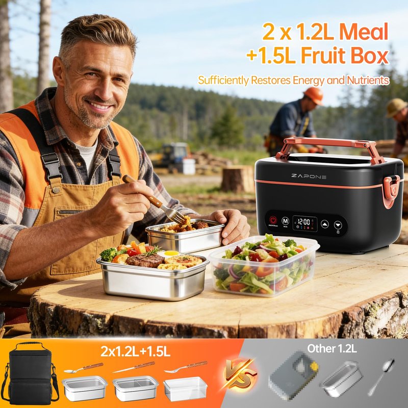Zapone 2X1.2L Cordless Electric Lunch Box For Adults,6x4000mAh Rechargeable lunch box Upgared 100W 5D Surround Heat Tech,Food Warmer 220°F Max,with Dual Insulated Bag,BPA Free,Brown