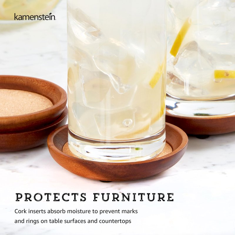 Kamenstein 4 Piece Set, Natural Acacia Wood and Cork Stackable Coasters, Set of 4