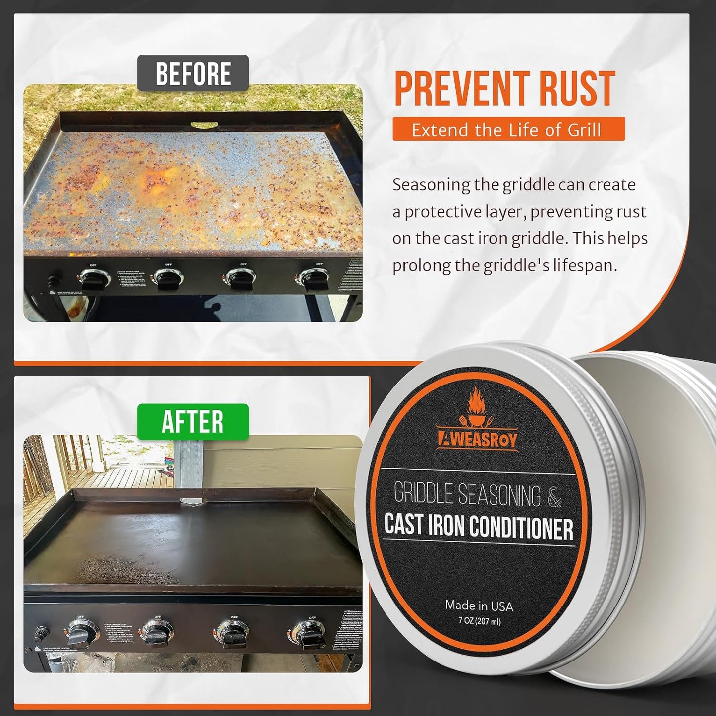 AWEASROY Griddle Seasoning Conditioner - 7 OZ Food Safe Kit with Rust Remover for Blackstone & Cast Iron
