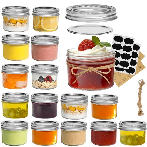ComSaf Mini Mason Jars Bulk 4oz 16PCS, Regular Mouth Mason Jar with Lids and Seal Bands, Small Glass Canning Jar for Spice, Jam, Honey, Jelly, Dessert, Shower Wedding Favors, DIY Candles Decor
