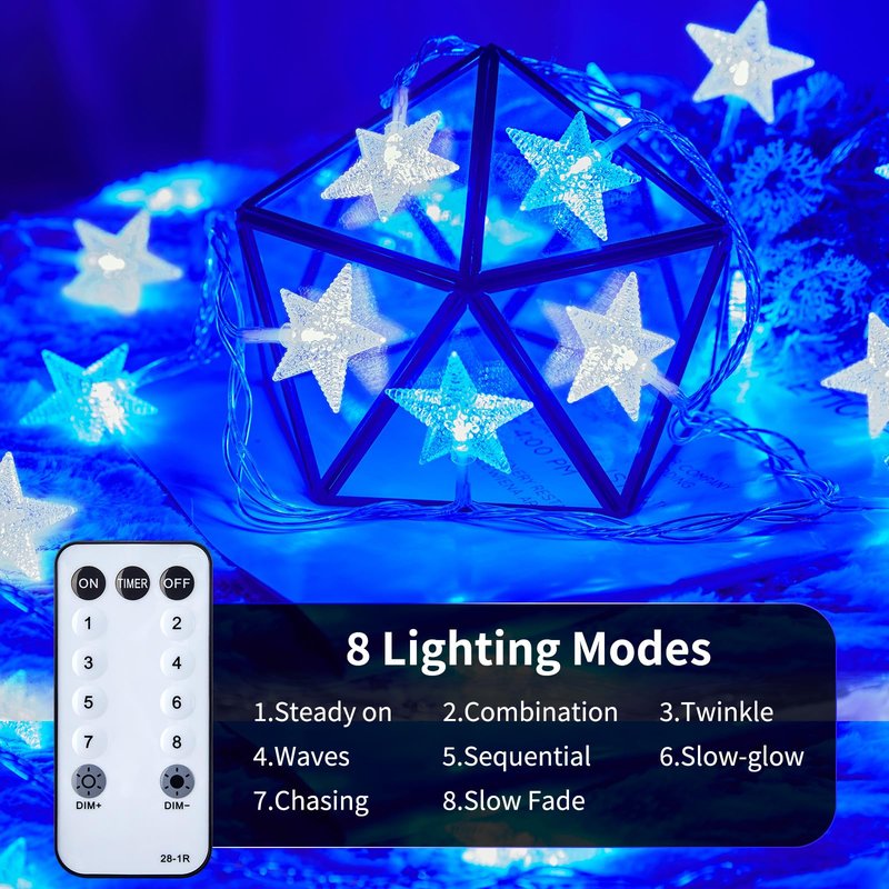 Minetom Blue and White Star String Lights Plug in - 33 ft 100 LED Star Fairy String Lights with Remote and Timer, 8 Modes Waterproof for Tent Loft Bed Backyard Patio Balcony Staircase