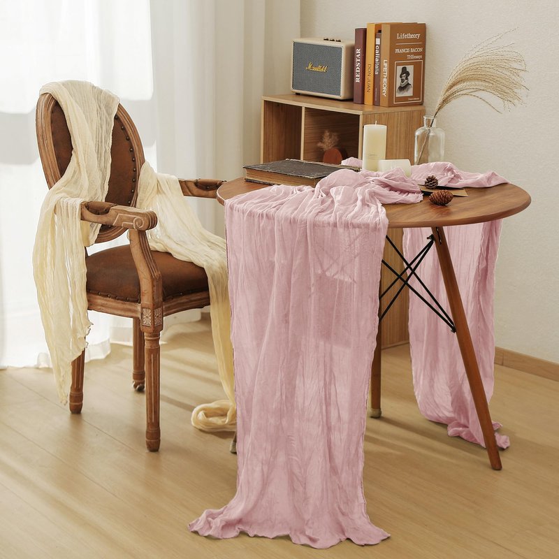 Leetaltree Cheesecloth Table Runner with Wrinkle Texture - 35x120 Inch 10 FT Crinkled Gauze Table Runner for Wedding, Party & Home Decor - Elegant Scarf Table Runner (Pink, 3 Pack)