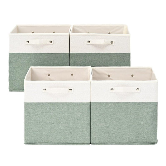 FinishingBo 13 x 13 Inch Fine Linen Storage Bins with Handles，Fabric Cube Boxs，Basket Organizers for Shelves for Home, Closet Drawers (White/Green-4 Pack )