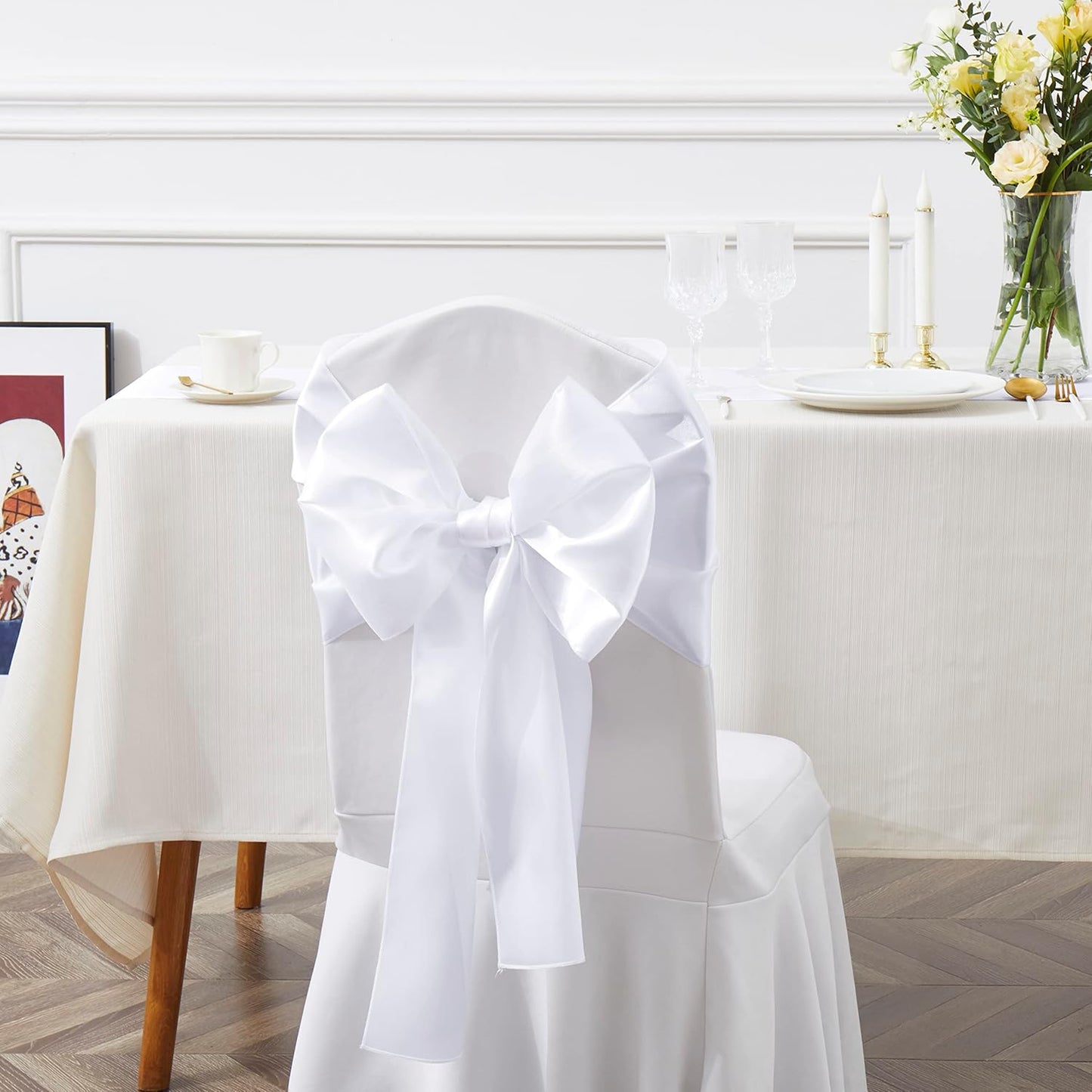 White Satin Chair Sashes by [Brand Name] - Elegant Bows for Weddings & Events | 6 x 108 Inch