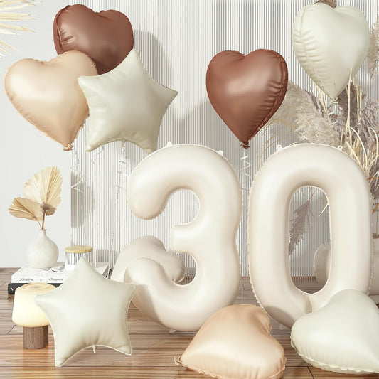 Skiennix 30 Balloons Decor - Beige Nude Apricot Brown Foil Star & Heart Balloons | 40'' White Sand Helium Number 30 for 30th Birthday & Wedding Anniversary Celebrations