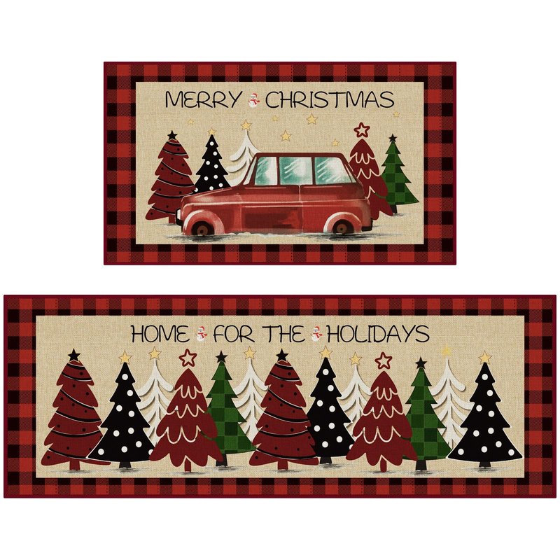 StepRite Kitchen Mats for Floor, 2 PCS Christmas Kitchen Rugs, Non-Slip Bottom with Christmas Tree Print, Low-Profile Mat for Home, Office, Sink, Kitchen,Hallway,Holiday Decor(17”x30”+17”x47”-Red)