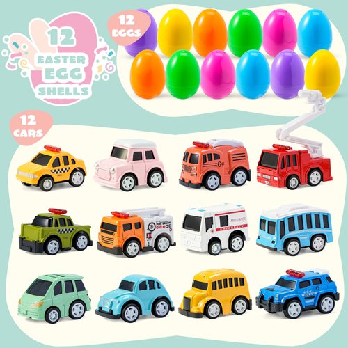 JOYIN 12 Pcs Prefilled Easter Eggs with Toys, Plastic Eggs with Cute Pull Back Cars, Easter Basket Stuffers, Party Favors for Kids, Classroom Prize Supplies