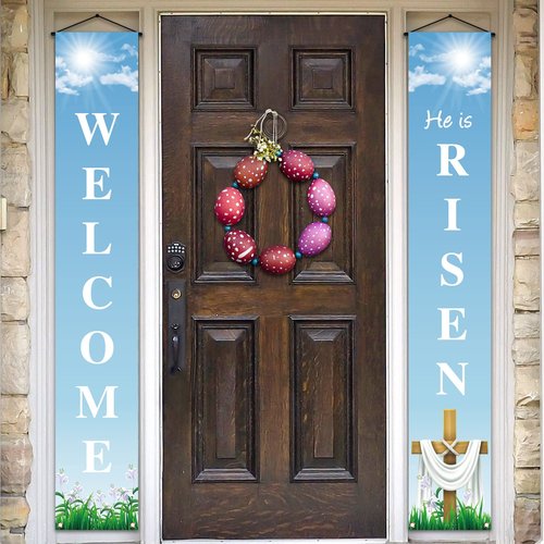 He Is Risen Porch Banner Easter Christian Cross Lily Religious Holiday Party Front Door Sign Wall Hanging Party Decoration