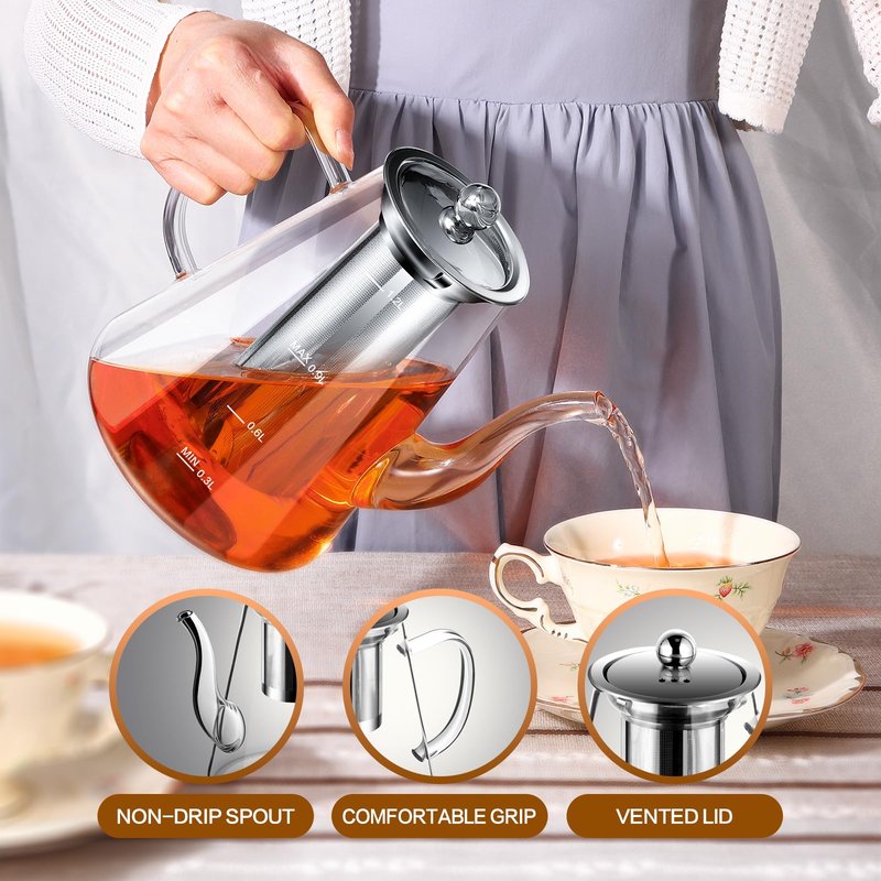 Zpose Glass Teapot, 1200ml (40oz) Tea Pot with Infuser for Loose Tea and Blooming Tea, Stovetop Safe Tea Kettle, Hand Crafted Borosilicate Glass Tea Maker with Scale Line, Tea Gift Set for Tea Lovers