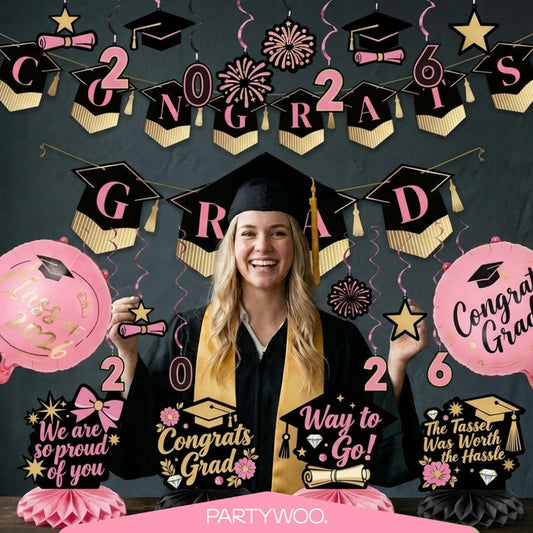 PartyWoo Class of 2026 Black Pink Gold Graduation Banner Decorations 2pcs Black Pink Gold 2026 Hanging Congrats Grad Party Banner Supplies for Middle High School College Graduation Party Decorations
