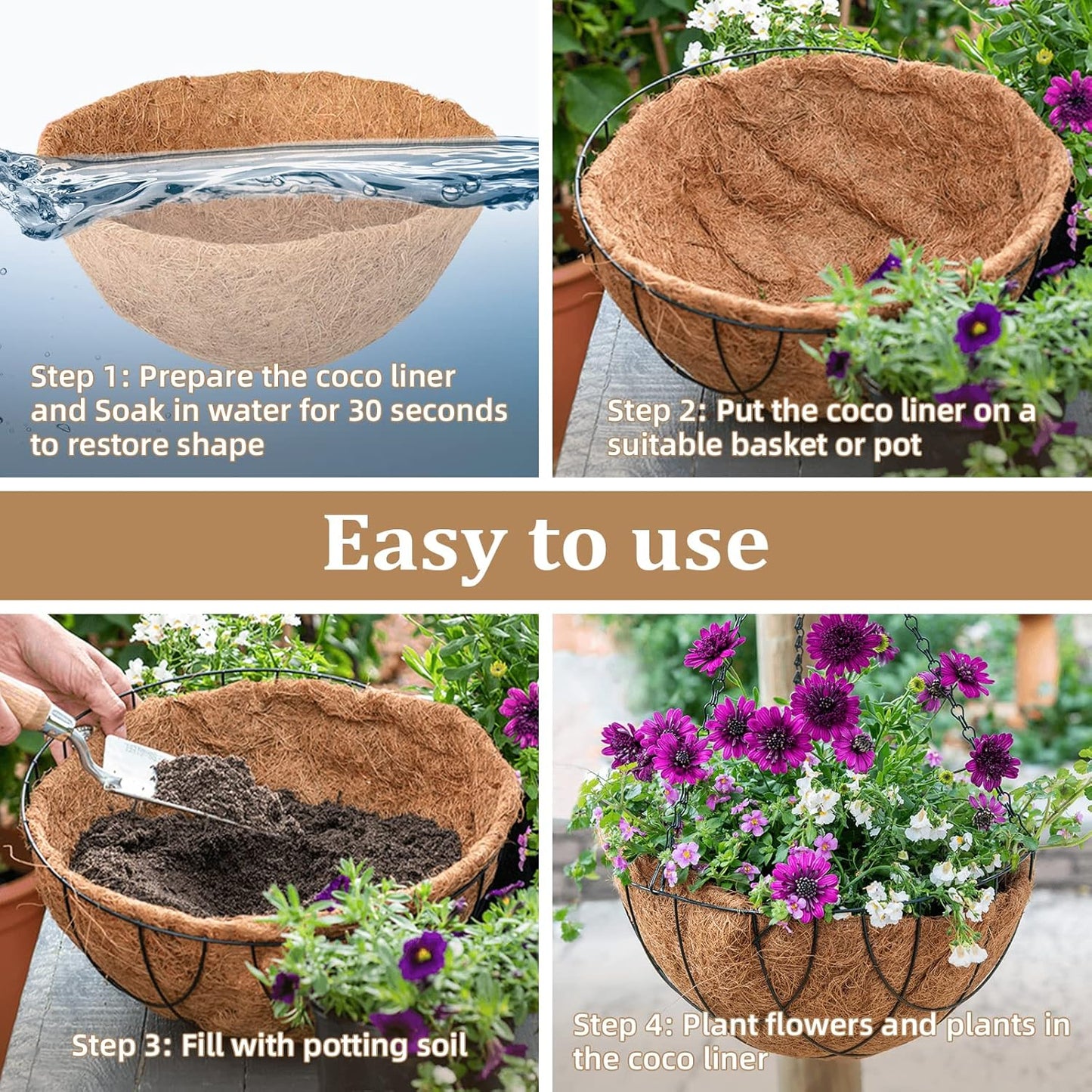 Legigo 10-Inch Coco Liner Replacement - 100% Natural Coconut Fiber for Hanging Baskets | 4 Pack